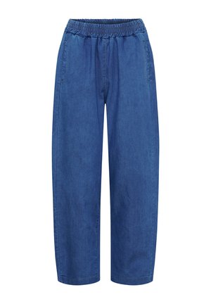Blå denim bukser med elastisk linning og sidelommer, med en afslappet pasform og lige ben.