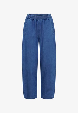 Blå denim bukser med elastisk linning og sidelommer, med en afslappet pasform og lige ben.