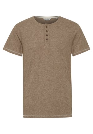 Brown short-sleeve henley shirt with a textured fabric, three brown buttons at the neck, and contrasting stitching at the sleeves.