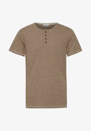 Brown short-sleeve henley shirt with a textured fabric, three brown buttons at the neck, and contrasting stitching at the sleeves.