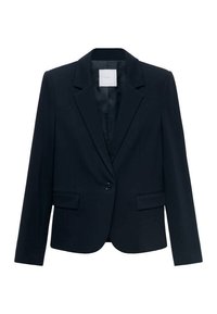 Námorně modrý přizpůsobený blazer s dlouhými rukávy, jednobarevným černým knoflíkem, zářezovým límcem a dvěma předními klopovými kapsami.