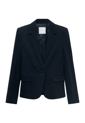 Navy blue tailored blazer with long sleeves, single black button closure, notched lapel collar, and two front flap pockets.
