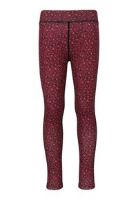 Strakke legging in een diepe rode kleur met een zwart hartjespatroon. Gemaakt van een rekbare, soepele stof met een elastische tailleband.