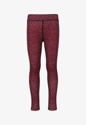 Strakke legging in een diepe rode kleur met een zwart hartjespatroon. Gemaakt van een rekbare, soepele stof met een elastische tailleband.