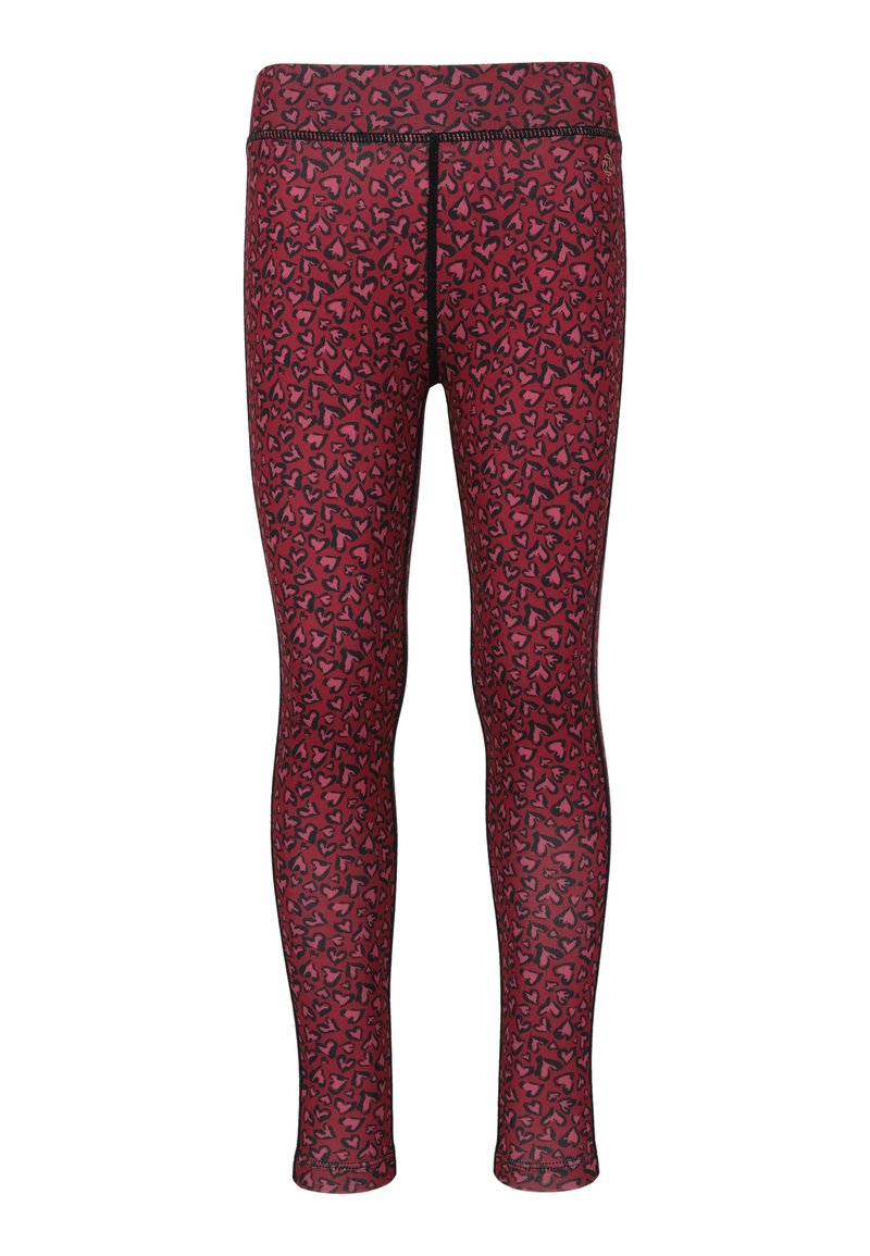 Strakke legging in een diepe rode kleur met een zwart hartjespatroon. Gemaakt van een rekbare, soepele stof met een elastische tailleband.