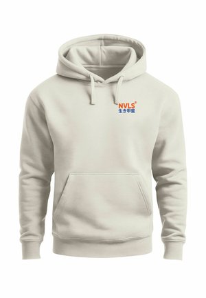 Hellbeiger Kapuzenpullover aus weichem Stoff, mit Kängurutasche und Kapuze mit Kordelzug. Enthält ein besticktes Logo in Orange und Blau.