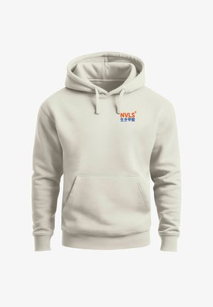 Light beige hoodie made of soft fabric, featuring a kangaroo pocket and a drawstring hood. Includes an embroidered logo in orange and blue.