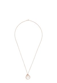 Rose goldhalsband med en tunn kedja som har tre sammanlänkade cirkulära hängande dekorationer av varierande storlekar, slät yta och neutral design.