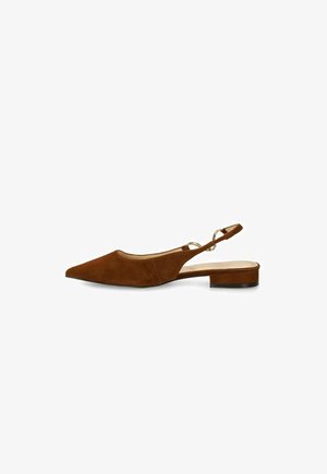 Brown suede pointed-toe slingback flat with low block heel and silver ring detail on ankle strap against white background.