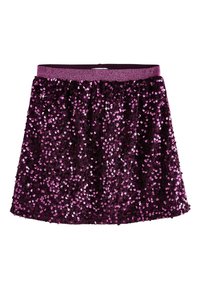 Purple sequin skirt with a glittery waistband, featuring a flared shape and shiny texture from numerous sequins covering the surface.