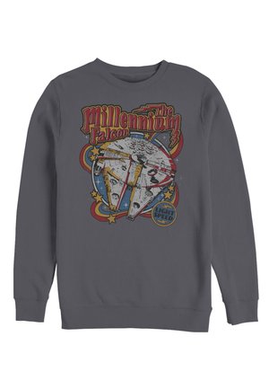Ciemnoszara bluza z kolorową grafiką statku kosmicznego Millennium Falcon w stylu vintage oraz napisem "The Millennium Falcon" i "Light Speed."