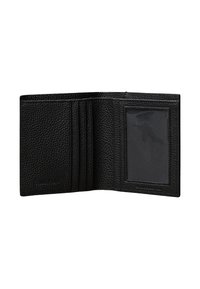 Portafoglio in pelle nera con finitura testurizzata, dotato di quattro scomparti per carte e una finestra trasparente per documento d'identità sul lato destro.