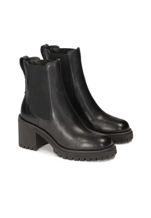 Botine negre din piele, cu panouri elastice laterale, vârfuri rotunjite și toc chunky, texturat, cu talpă nervurată.