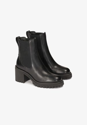 Fekete bőr bokacsizma, elasztikus oldalsó panelekkel, kerek orral és tömör, texturált sarokkal, bordázott talppal.