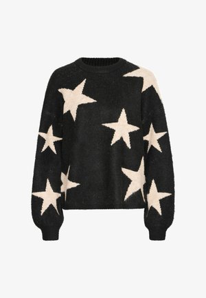 Crna majica s oversized krojem, koja ima bež uzorke zvijezda. Ribužasti izrez i manžetne, meka tekstura i opušten dizajn.