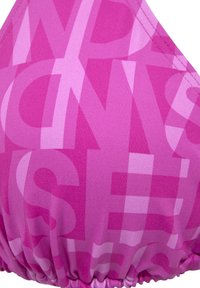 Pink bikini top made of soft fabric featuring a repeated graphic text pattern in varying shades of pink and smooth stitching along the edges.