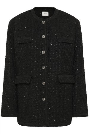 Melnas auduma jakas ar teksturētu apdari, apaļu apkakli, pogām, un divām priekšējām kabatām. Iezīmē metāla akcenti un smalks mirdzums.