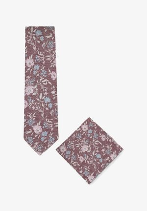 Mauvefarbene Krawatte mit Blumenmuster und passendem Einstecktuch mit hellblauen, rosa und cremefarbenen Blumen auf strukturiertem Stoff.
