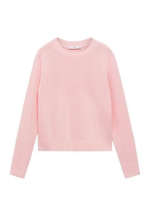 Maglione a coste di un rosa chiaro, con maniche lunghe e scollatura rotonda. Tessuto morbido, lunghezza corta. Nessun motivo o dettaglio visibile.