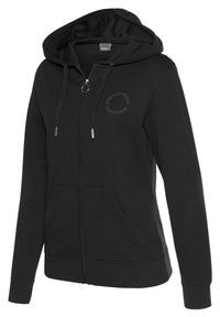 Veste zippée noire en tissu doux, dotée d'une capuche avec cordon de serrage, de poches avant et d'un logo imprimé sur la poitrine. Coupe régulière.