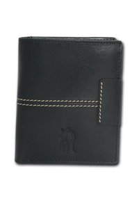 Black leather wallet with contrasting cream stitching, embossed logo detail, and a folded design featuring a secure closure.