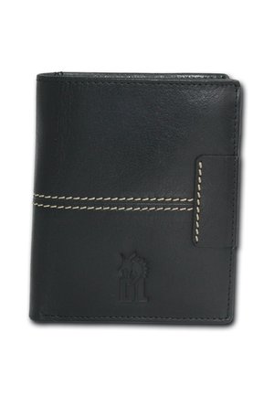 Black leather wallet with contrasting cream stitching, embossed logo detail, and a folded design featuring a secure closure.