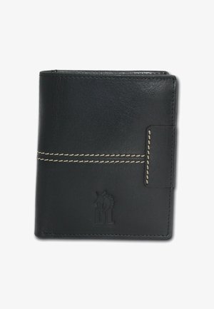 Black leather wallet with contrasting cream stitching, embossed logo detail, and a folded design featuring a secure closure.