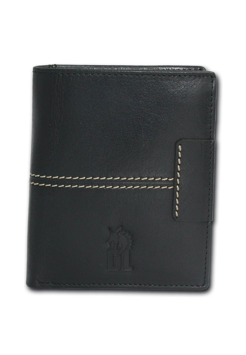 Black leather wallet with contrasting cream stitching, embossed logo detail, and a folded design featuring a secure closure.