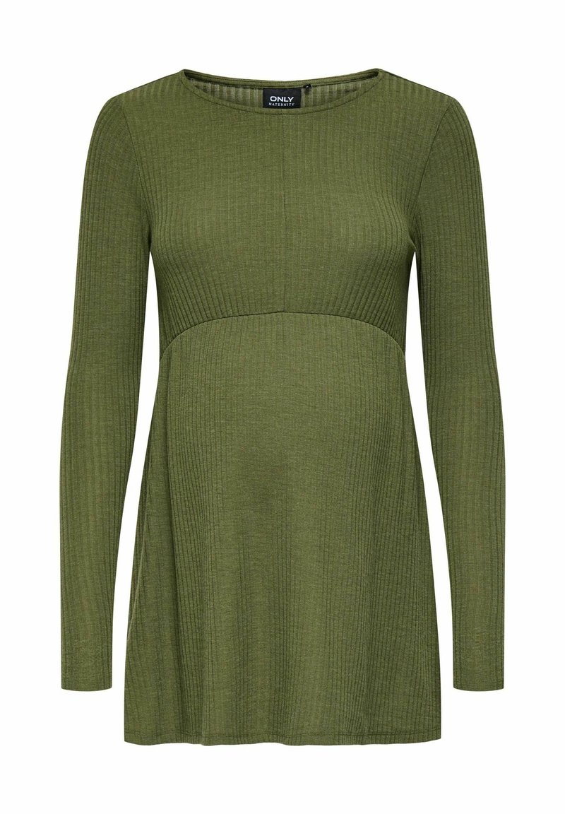 Top de manga larga de tejido acanalado en color verde oliva, que presenta un cuerpo ajustado y un dobladillo fluido para mayor comodidad y estilo.