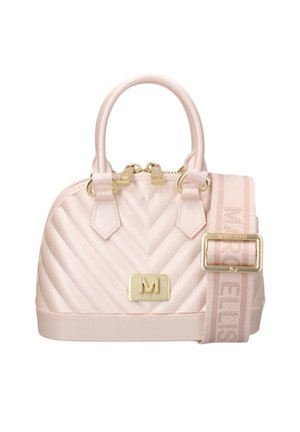 Kleine lichtroze doorgestikte handtas met gouden rits en logoplaatje, gecombineerd met een brede bijpassende verstelbare band met logotekst.