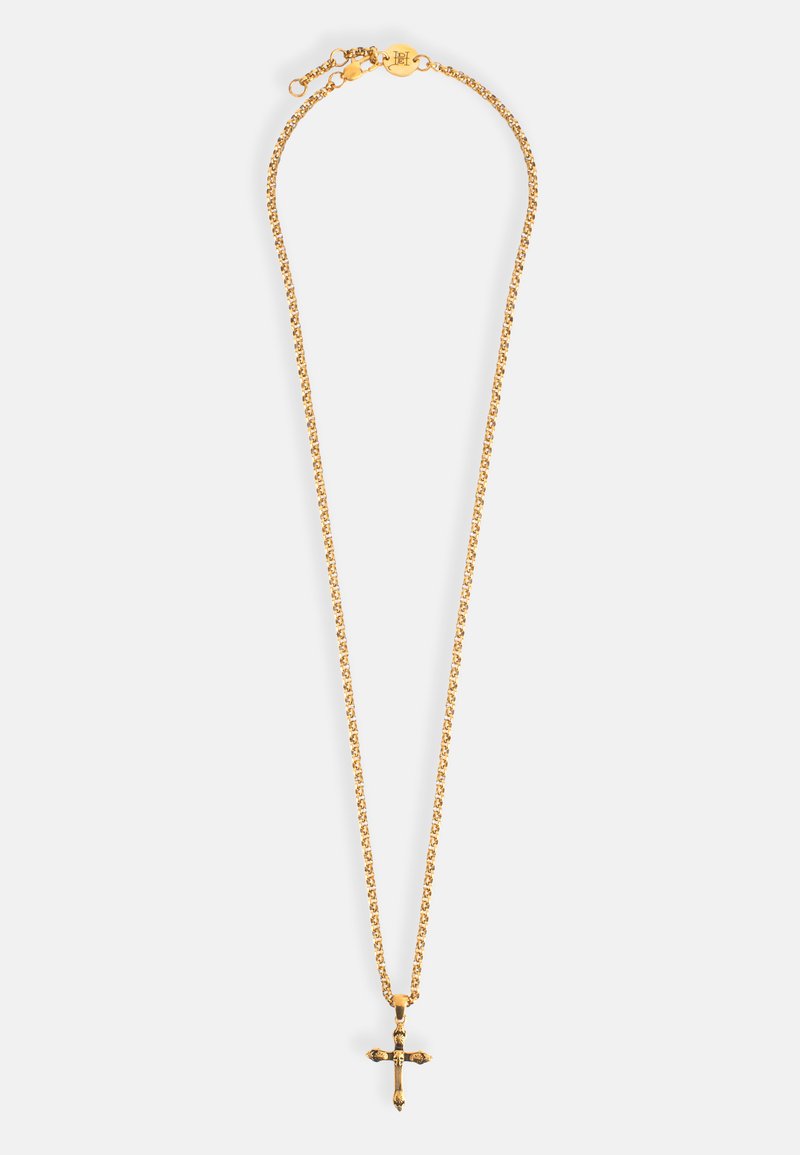Gullkjede med et lite korsanheng. Kjedet er delikat med et fint lenkedesign og en sikker lås bak.