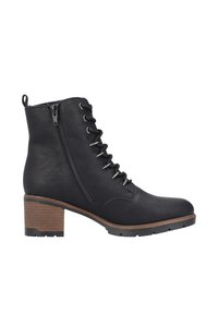 Bottine noire avec une tige en simili cuir texturé, un laçage à l'avant, une fermeture éclair sur le côté et un talon empilé avec une finition bois.