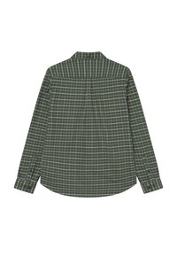 Zaļš pārbaudes krekls ar garām piedurknēm, ar pogu leju apkakli un aprocēm, kā arī taisnu apakšmalu. Materiāls šķiet gluds un viegls.