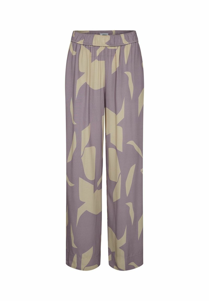 Light purple wide-leg trousers with abstract beige patterns, elastic waist, soft fabric, and a relaxed fit.