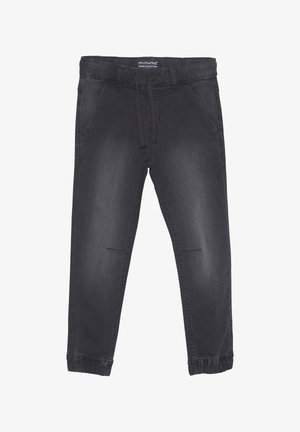Melna denim jogger bikses ar elastīgu jostasvietu un auklu, divām priekšējām kabatām, sašaurinātām kājām un nelieliem potīšu izgriezumiem.
