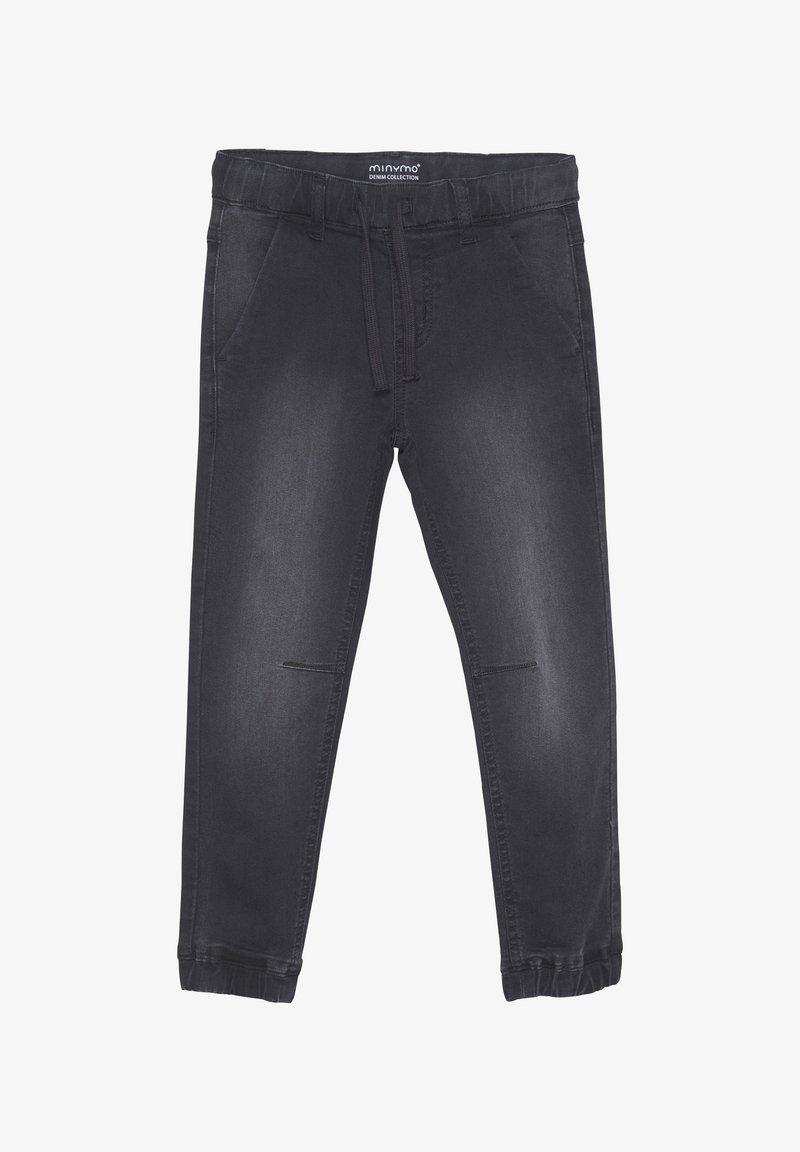 Les pantalons jogger en denim noir présentent une taille élastique avec cordon de serrage, deux poches avant, des jambes fuselées et de légers ourlets aux chevilles.