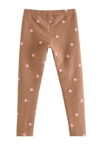 Brune leggings lavet af strækstof med et gentaget mønster af små lyserøde sløjfer. De har elastisk talje og et figursyet design.