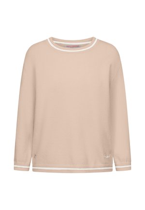 Beige longsleeve trui met witte bies op de kraag, manchetten en onderrand, met een klein geborduurd logo op de ondervoorzijde.