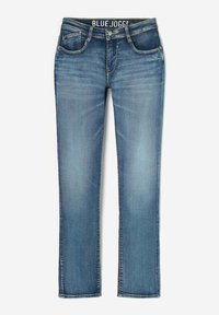 Jean jogger bleu en denim ; lavage moyen avec une coupe droite, comportant cinq poches et des coutures contrastées.