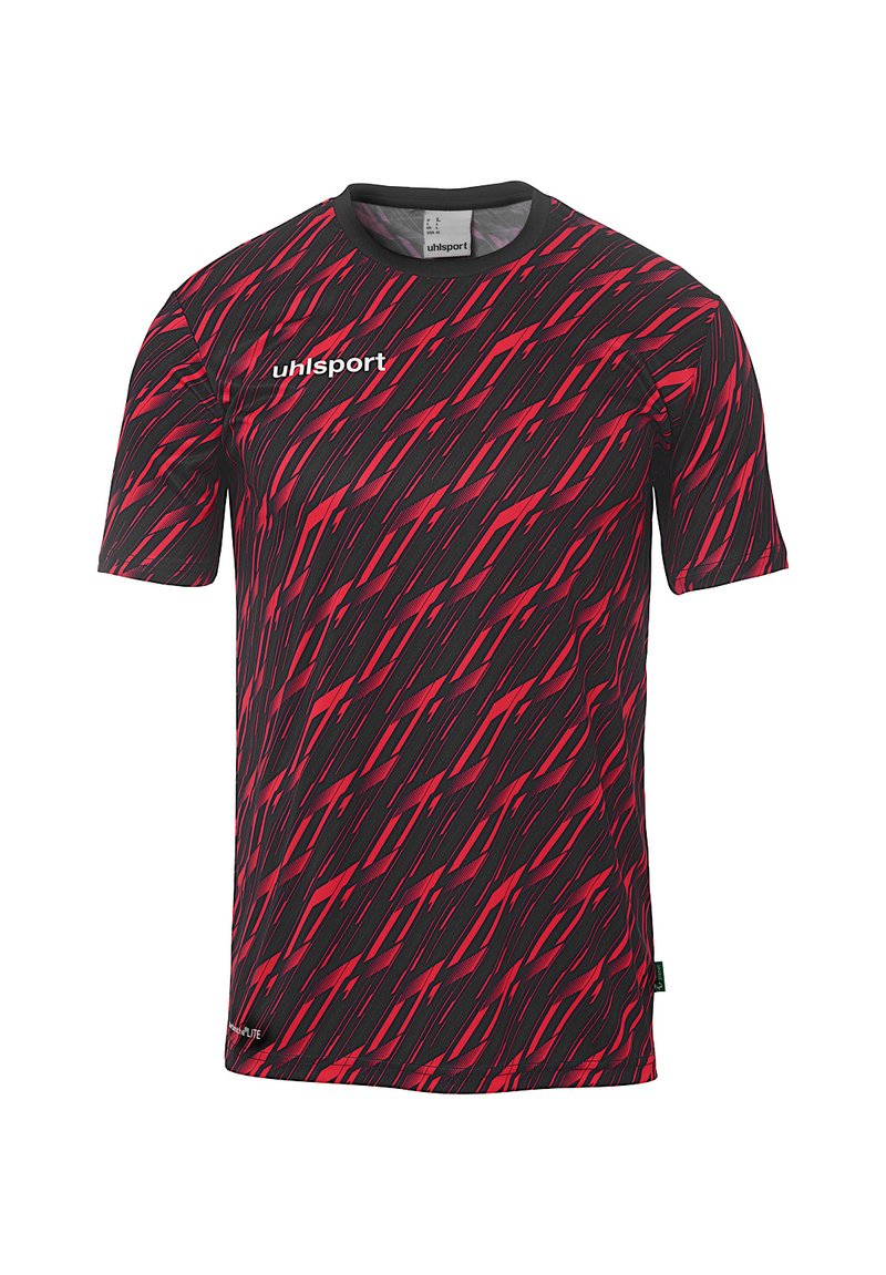 T-shirt de sport à manches courtes en noir et rouge, avec un motif ondulé diagonal, un col rond et le logo uhlsport imprimé à l'avant.
