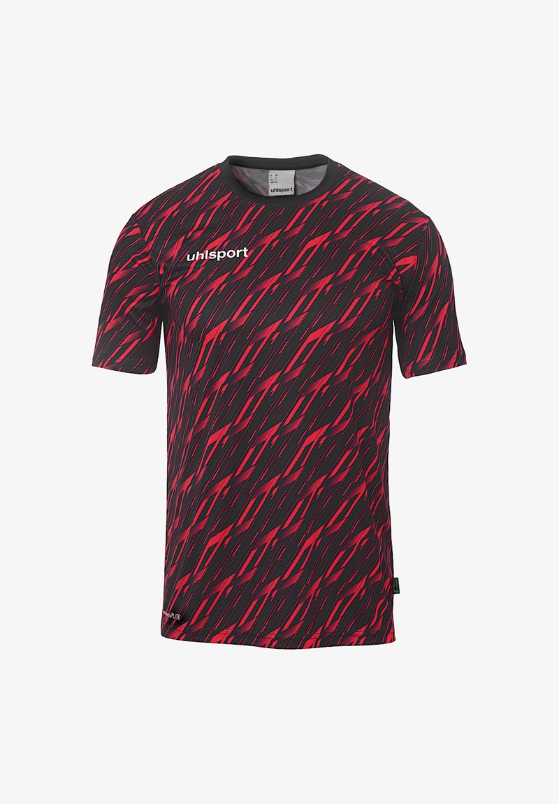 T-shirt de sport à manches courtes en noir et rouge, avec un motif ondulé diagonal, un col rond et le logo uhlsport imprimé à l'avant.