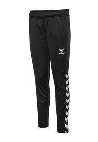 Svarta tapered joggers med elastisk midja. Har vit logotyp och sidopanel med svart och vit zigzag-mönster. Slät tygkvalitet.