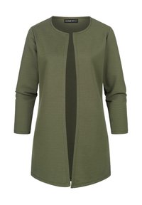 Olive green open-front cardigan, textured ribbed fabric, three-quarter sleeves, and a straight cut with a smooth inner panel.