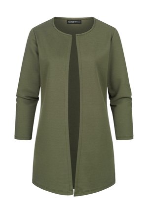 Olive green open-front cardigan, textured ribbed fabric, three-quarter sleeves, and a straight cut with a smooth inner panel.