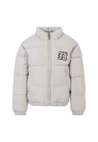Giacca puffer grigia chiara con colletto alto, zip frontale, polsini elasticizzati e logo ricamato sulla parte sinistra del petto.