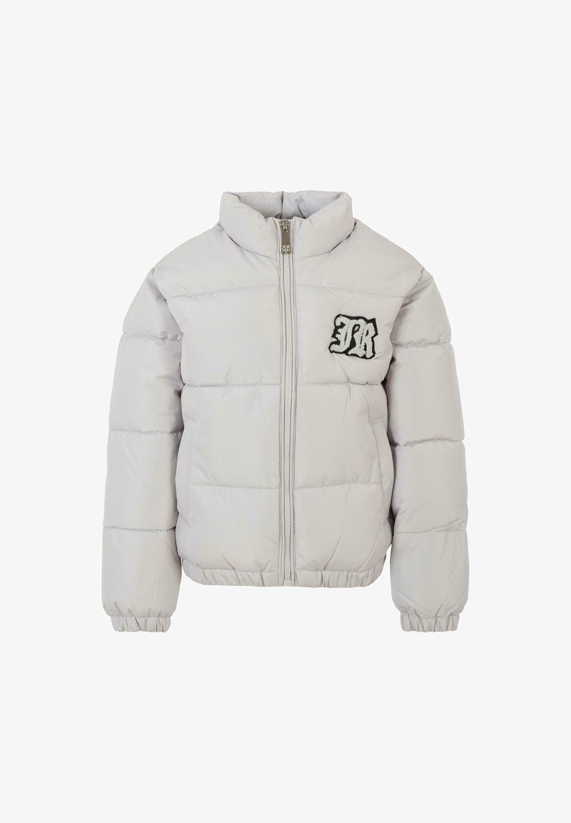 Giacca puffer grigia chiara con colletto alto, zip frontale, polsini elasticizzati e logo ricamato sulla parte sinistra del petto.