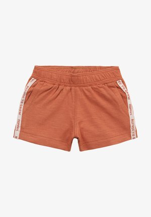 Szorty dla małego dziecka w kolorze rdzawego, z elastycznym pasem, kieszeniami po bokach oraz białymi paskami na bokach z napisem "REFUSE TO GROW".