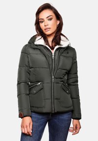 Dark green puffer jacket with a white fleece-lined collar, zippered front, two side pockets, and textured fabric in a fitted design.