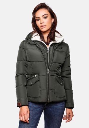 Dark green puffer jacket with a white fleece-lined collar, zippered front, two side pockets, and textured fabric in a fitted design.