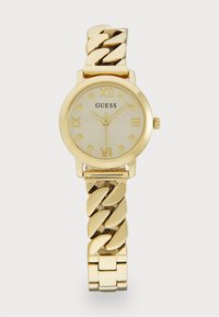 Gold-toned watch with a round face, Roman numerals, and a patterned link bracelet. Features a smooth texture and minimalistic design.